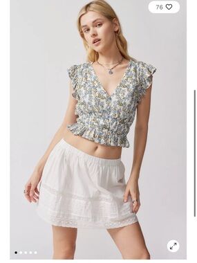 Urban Outfitters Mink Pink Blue & Cream Floral Smocked V-Neck Crop Top